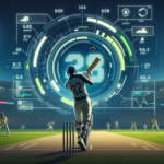 Ilustrasi pemain kriket digital di stadion malam dengan overlay antarmuka game dan efek glitch halus.