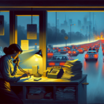 Penjaga tol sendirian di pos kecil malam hari dengan kota terbakar samar di kejauhan.