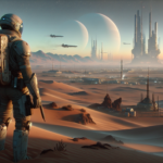 Ilustrasi pemburu luar angkasa di planet gurun alien dengan berbagai bioma misterius di kejauhan.