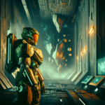 Pemburu berarmor futuristik berdiri di koridor alien remang dengan cahaya biru kehijauan dan reruntuhan teknologi kuno.