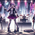 Ilustrasi band remaja anime di panggung neon pink-ungu, memvisualkan suasana game rhythm Unbeatable yang stylish.