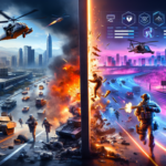 Ilustrasi dua medan perang futuristik yang menggambarkan persaingan FPS ala Battlefield dan Call of Duty.
