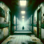 Lorong rumah sakit tua suram dengan sosok ragu berdiri di depan pintu-pintu gelap.