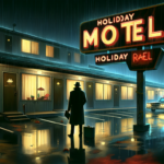 Detektif bersiluet menatap Holiday Motel tua di malam hujan deras bernuansa noir dan penuh misteri psikologis.