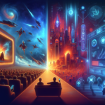 Ilustrasi bioskop megah berhadapan dengan ruang keluarga nyaman, menggambarkan persaingan layar lebar dan streaming.