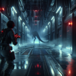 Ilustrasi agen khusus di koridor laboratorium gelap dengan bayangan dinosaurus mengintai dari kejauhan.