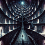 Ilustrasi penjara tak berujung dengan banyak pintu bercabang dan sosok sendirian di tengah kegelapan.