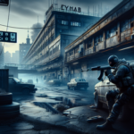 Ilustrasi prajurit bersenjata menyusup di kota rusak gelap bergaya Rusia, siap bertarung dalam suasana tegang.