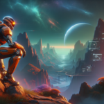 Ilustrasi pemburu antariksa berarmor mengamati planet asing sunyi dengan fasilitas futuristik di kejauhan.