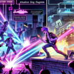Ilustrasi band remaja punk di panggung neon, memukul not ritme dengan latar kota arcade dan mode story terbelah.