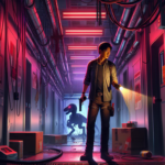 Karakter bersenjata di koridor laboratorium gelap dengan lampu merah, siluet dinosaurus mengintai di kejauhan.