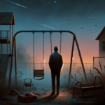 Ilustrasi taman bermain terbengkalai saat senja, sosok dewasa menatap ayunan kosong dengan rumah tua gelap di belakang.