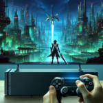 Ilustrasi gamer menikmati RPG futuristik bergrafis tinggi di konsol hybrid portabel dengan kota neon megah di layar.