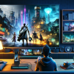 Ilustrasi pemain menikmati JRPG sinematik di konsol hybrid, bergantian di TV besar dan mode handheld portabel.