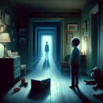 Ilustrasi rumah masa kecil suram dengan sosok dewasa di depan koper bercahaya dan lorong gelap memanjang.