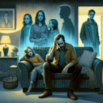 Ilustrasi keluarga di ruang tamu suram, ayah dihantui bayangan istri, anak, dan sosok misterius di koridor.