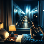 Ilustrasi pria lelah di kamar hotel menatap jendela gelap dengan bekas ketukan misterius.