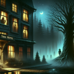 Hotel tua di tepi hutan malam, jendela berkabut dengan bayangan sosok dan kurcaci misterius mengawasi.