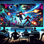 Ilustrasi co-op sofa game beat ’em up kosmik penuh pahlawan dan musuh di layar televisi.