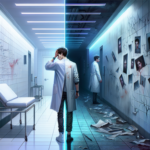 Ilustrasi koridor fasilitas terapi berubah menyeramkan, Gabriel gelisah di tengah, siluet dokter mengawasi dari kejauhan.