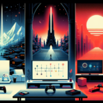 Ilustrasi tiga tema gaming: game live-service sepi, konsol generasi sekarang, dan perangkat retro bergaya Virtual Boy di Switch.