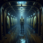 Pria paruh baya di koridor kapal tua menatap sosok berjubah kuning pucat di ujung lorong berkabut.