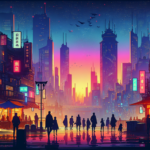 Ilustrasi kota Calvard saat senja dengan cahaya neon dan sekelompok petualang menatap cakrawala.