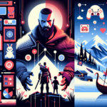 Ilustrasi kolase berita game: musim gelap hero shooter, duet ayah-anak di dunia Nordik, dan jadwal acara PlayStation futuristis.