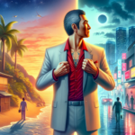 Ilustrasi pria bersetelan di antara kota neon malam dan pantai hangat, menggambarkan konflik remake dan nostalgia.