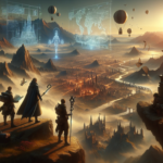 Ilustrasi party JRPG memandang benua luas dari tebing, menyiapkan petualangan penuh cerita dan strategi.