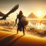 Ilustrasi prajurit berkerudung di gurun Mesir memandang piramida dan kota saat matahari terbenam, dengan elang terbang di atas.
