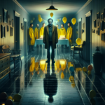 Pria paruh baya di lorong gelap menatap pesta ulang tahun suram dikelilingi kultus bermantel kuning.