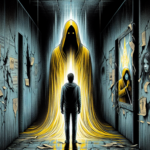 Pria di lorong gelap menatap sosok berjubah kuning, dengan bayangan perempuan samar dan cermin retak di sekelilingnya.