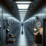 Ilustrasi pekerja lelah di koridor sempit berputar dengan telepon dan jam, menggambarkan lingkaran memori obsesif.