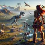 Ilustrasi pemburu wanita menatap dunia futuristik berisi mesin berbentuk hewan di alam terbuka.