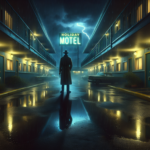 Detektif berdiri di depan motel remang saat hujan badai, neon Holiday Motel berkedip dan siluet gaib di langit.