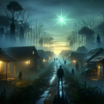 Ilustrasi desa horor malam hari dengan bintang kejora terang dan sosok tokoh menghadap ke arah desa.