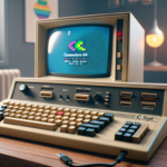 Ilustrasi komputer retro mirip Commodore 64 terhubung ke monitor modern dengan layar BASIC biru di meja rapi.