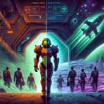 Ilustrasi dua game sci-fi luar angkasa bersaing, dengan grafik penjualan dan ikon langganan digital di latar belakang.