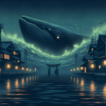 Ilustrasi kota pesisir berkabut dengan laut gelap dan siluet paus raksasa mengintai di bawah permukaan.