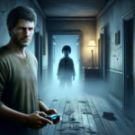Pria gelisah di lorong rumah tua gelap dengan siluet arwah anak kecil di belakangnya.