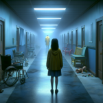 Gadis sendirian di koridor suram menatap sosok bermantel kuning samar di kejauhan.
