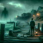 Desa nelayan berkabut dengan dermaga tua, nelayan menatap laut gelap yang menyimpan bayangan sosok misterius di kedalaman.