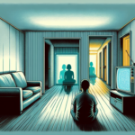 Ruang tamu rumah sewaan sunyi dengan TV penuh statis dan bayangan sosok ganda di refleksi jendela.