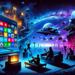 Ilustrasi gamer memilih game di layanan langganan, ponsel game mobile memudar, dan latar galaksi futuristik.