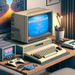 Ilustrasi meja kerja dengan komputer bergaya Commodore 64 terhubung ke monitor modern dan TV CRT retro.