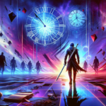 Pahlawan bersenjata berdiri di dunia retak penuh portal waktu dan bayangan prajurit eksperimen brutal.