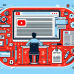 Ilustrasi kreator mengubah transkrip video YouTube menjadi artikel blog SEO yang rapi dan terstruktur di laptop.