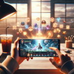 Ilustrasi orang bermain JRPG premium di smartphone tanpa gacha, menampilkan dunia fantasi dan antarmuka bersih.