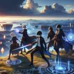 Ilustrasi party JRPG menatap horizon luas dengan efek shard dan elemen aksi sekaligus strategi.